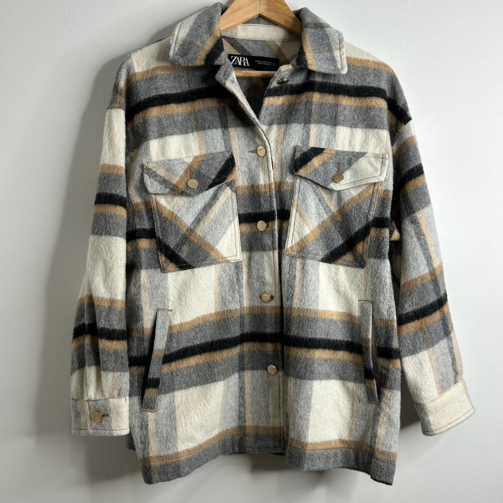 Zara Jacket Womens M Gray Beige Plaid Shacket Wool Blend Snap Button Front